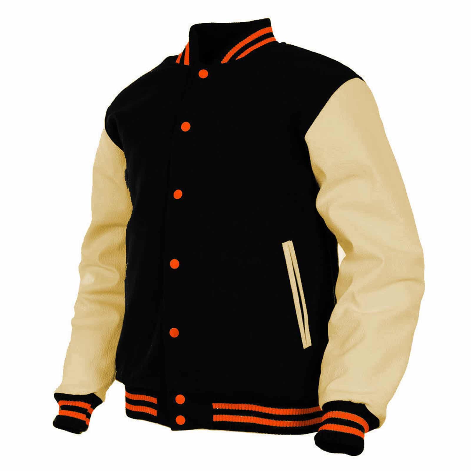 Black Wool Varsity Jacket for Men with Sleek Leather Sleeves