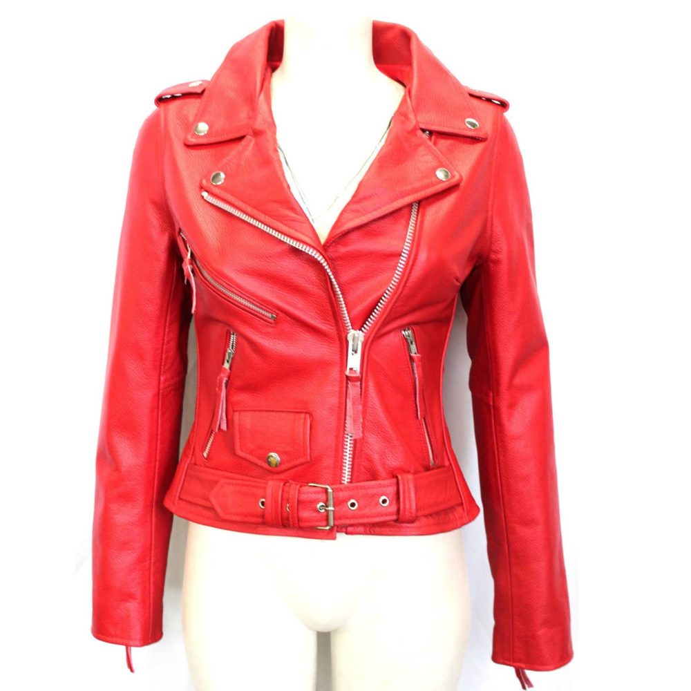 Women Yellow Brando Belted Leather Jacket with Shoulder Epaulettes