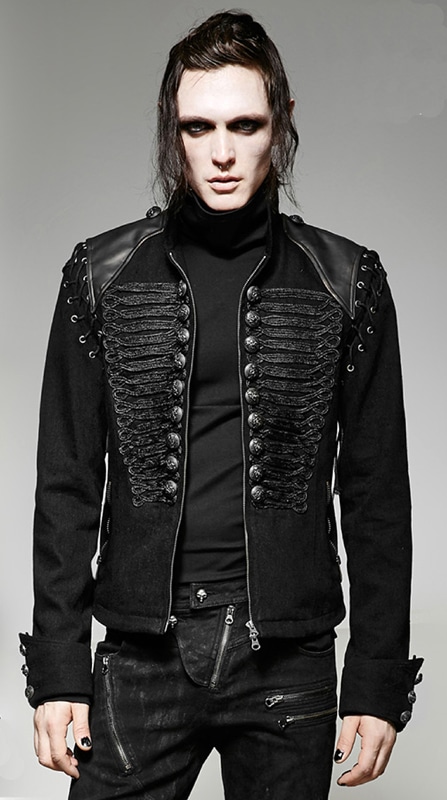 Black Braided Gothic Military Denim Jacket with Leather Shoulders