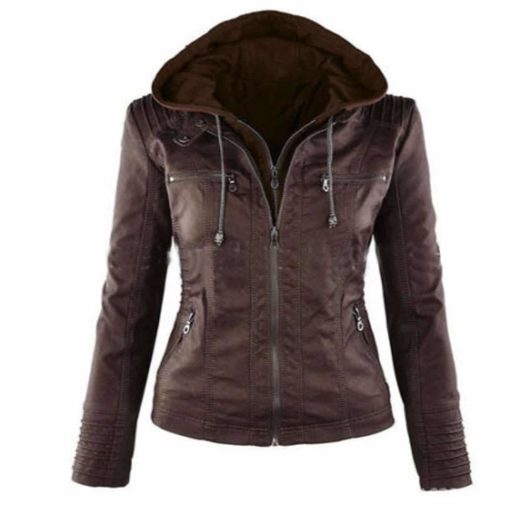 womens brown leather jacket with hood